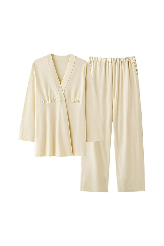 Maternity Pajamas Women Solid Color Maternity Sleepwear Casual Long Sleeve Breastfeeding Nightwear Home Wear Tops and Pants Maternity Lounge Set Postpartum Pajamas