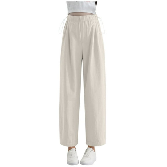 Edvintorg Maternity Pants for Work Women's Casual Loose Wide Leg Pants with Drawstring Solid Elastic Waist Pregnancy Pants for Women Beige D L