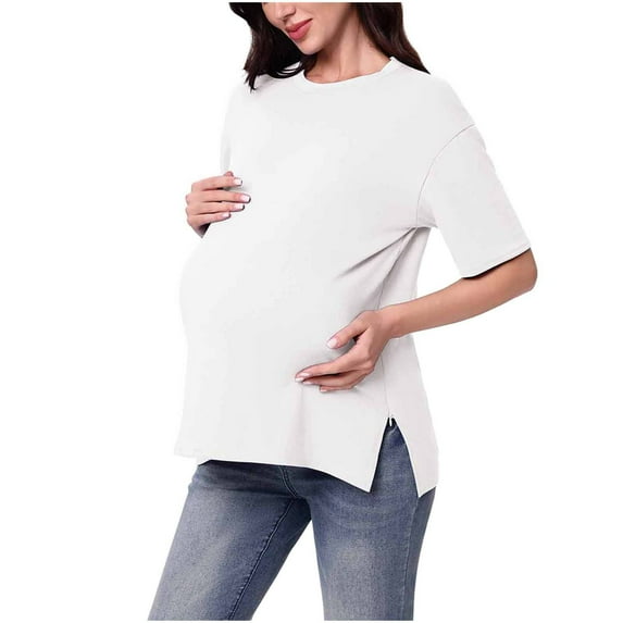 Edvintorg Maternity Shirts Fahion Solid Color Round Neck Short Sleeve Casual Nursing Shirts for Breastfeeding Summer Pregnancy Shirts with Zipper