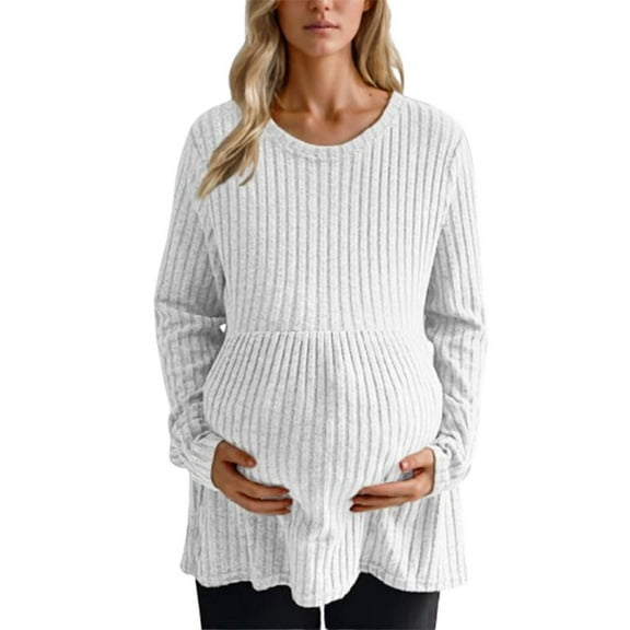Edvintorg Maternity Shirts Fashion Solid Color Crewneck Ribbed Knit Sweater Tops Long Sleeeve Fall Maternity Clothes Plus Size Casual Pregnant Clothes for Women