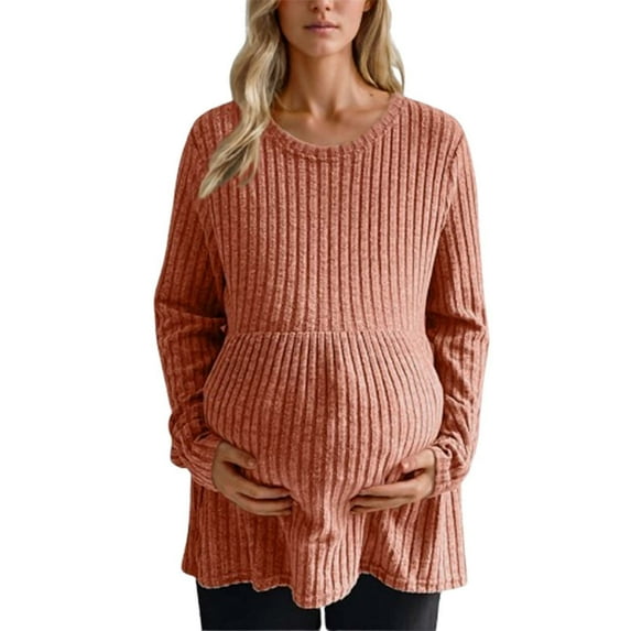 Edvintorg Maternity Shirts Fashion Solid Color Crewneck Ribbed Knit Sweater Tops Long Sleeeve Fall Maternity Clothes Plus Size Casual Pregnant Clothes for Women