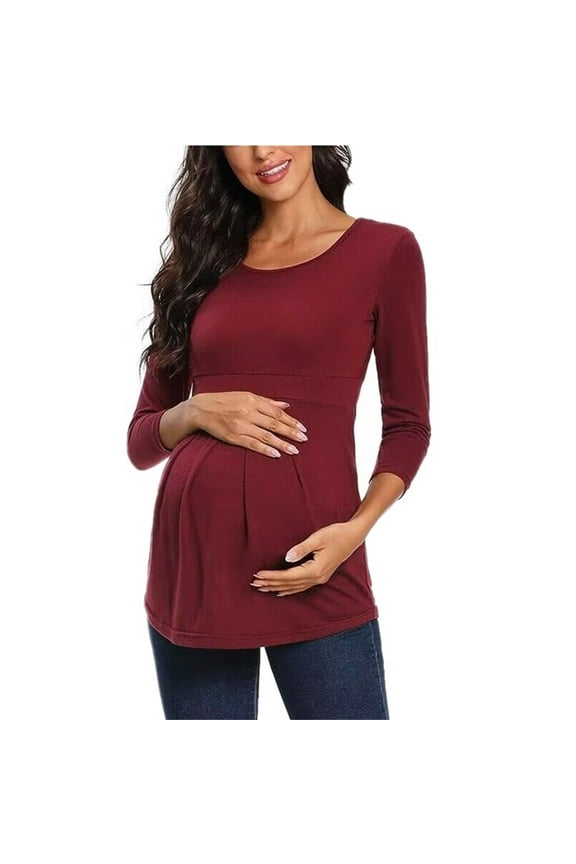 Maternity Shirts Fashion Solid Color Round Neck 3/4 Sleeve Casual Ruched Tops Fall Maternity Clothes Comfy Pregnancy Shirts for Women