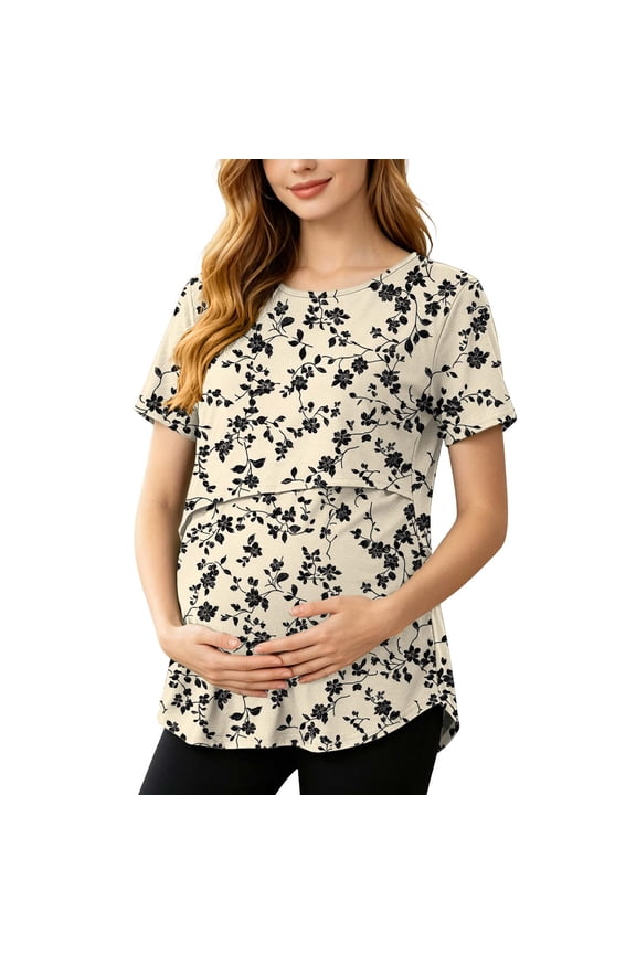 Maternity Shirts for Women Plus Size Floral Printed Short Sleeve Crew Neck Lightweight Casual Nursing Tshirt Breast Feeding Shirts Women Beige XXL