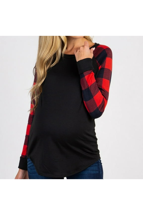 Maternity Shirts Women Pregnancy Clothes Fashion Plaid Print Round Neck Long Sleeve Casual Tops Blouse Fall Winter Pregnant Clothes for Women Comfy