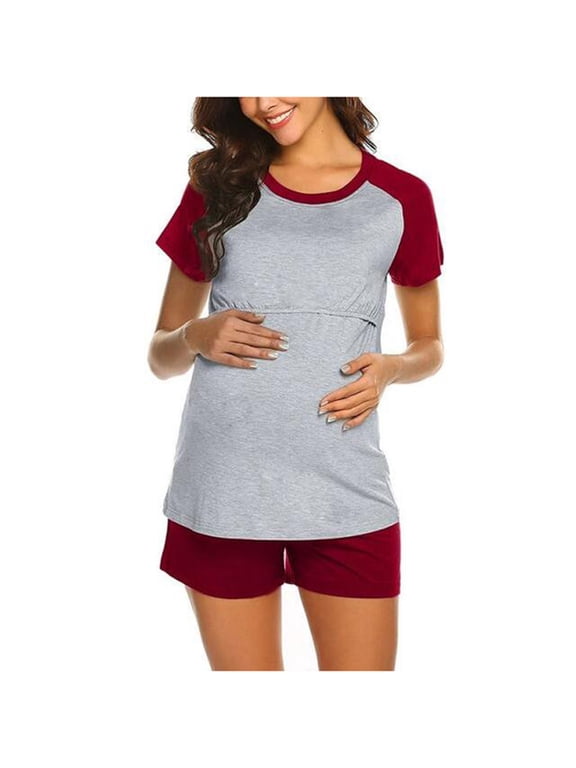 Maternity Sleepwear Summer Pajamas Set for Pregnant Women Maternity Sleepwear Nursing Pajamas for Breastfeeding Nightwear Home Wear Tops+Shorts Sets Loungewear