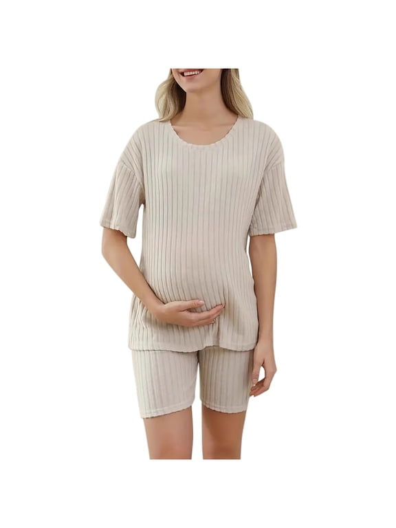 Maternity Summer Clothes Fashion Solid Color Short Sleeve Shirt and Shorts Maternity Sets Loose Casual Knitted Home Clothes 2 Piece Outfits