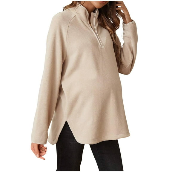 Edvintorg Maternity Tops Women Pregnancy Clothes Fashion Solid Color Stand Collar Long Sleeve Casual Tops Shirts with Zipper Fall Winter Maternity Clothes for Women