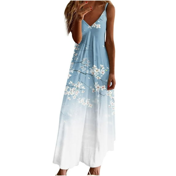 Edvintorg Maxi Dress Clearance Women's Summer Style Printed Holiday Strap V-Neck Long Dress Beach Vacation Outfits For Women 2024 On Clearance