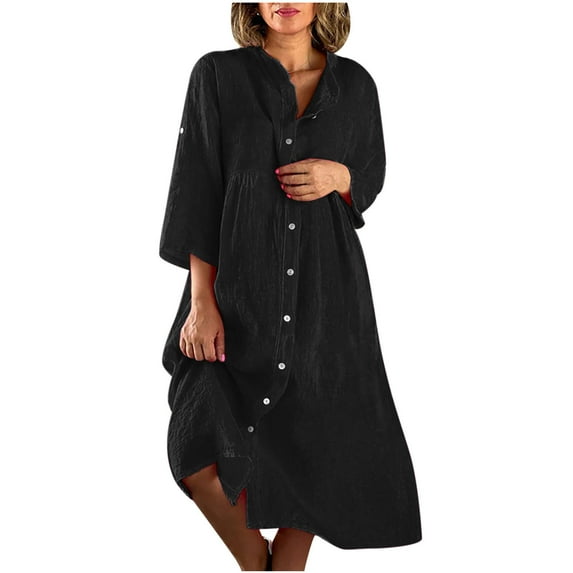 Edvintorg Maxi Dress Fall Fashion Women Cotton and Linen Loose Shirts Dresses Solid Causal Turndown Collar Long Sleeve Vacation Dress with Buttons