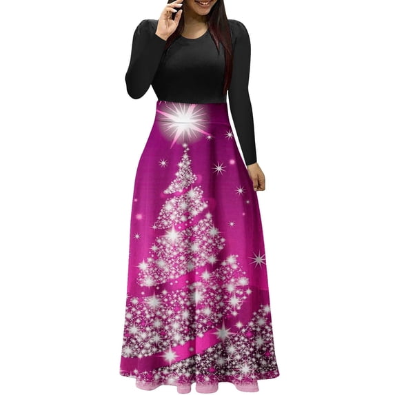 Edvintorg Maxi Dress for Women Women's Christmas Print Party Wedding Guest Dresses Loose Crew Neck Long Sleeve Casual Long Dress
