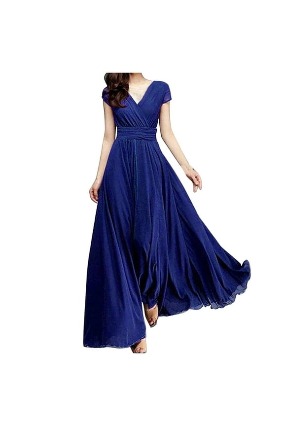 Maxi Dresses for Women 2025 Plus Size Clothings Women's V-Neck Solid Color Short Sleeve Chiffon Waist Closing Evening Dress