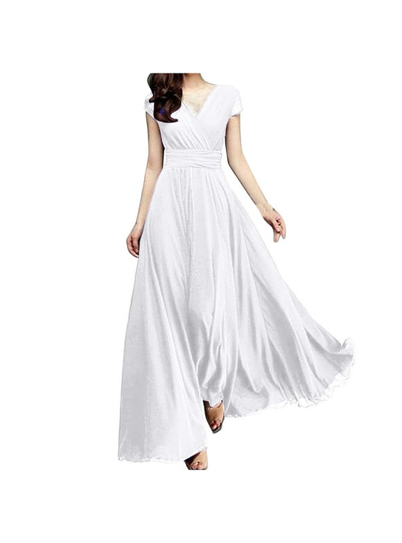 Maxi Dresses for Women 2025 Plus Size Clothings Women's V-Neck Solid Color Short Sleeve Chiffon Waist Closing Evening Dress