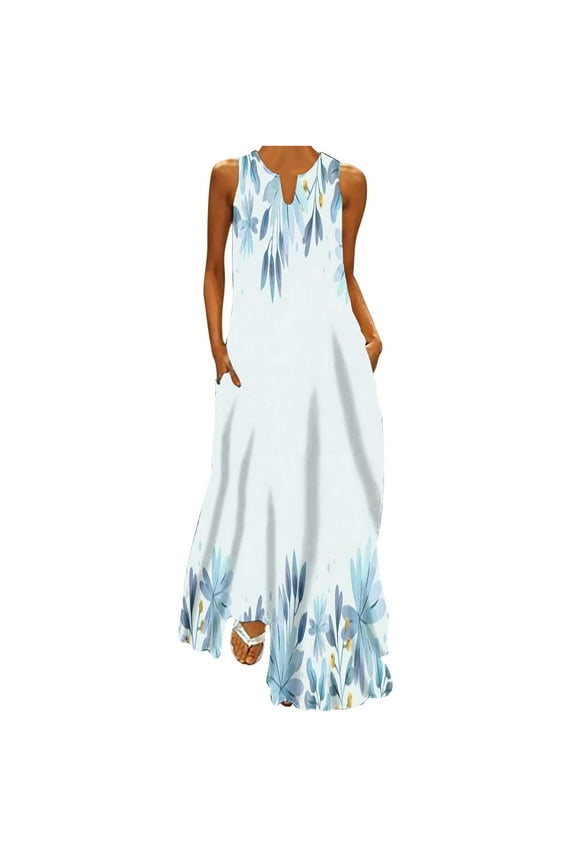 Maxi Dresses for Women 2025 Women Casual Loose Printed Tank Dress Beach V-Neck Pocket Sundress Sleeveless Dresses