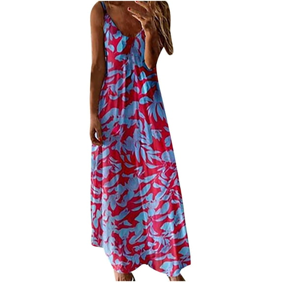Edvintorg Maxi Dresses for Women Fashion Women Summer V-Neck Casual Printing Loose Sleeveless Loose Long Dress