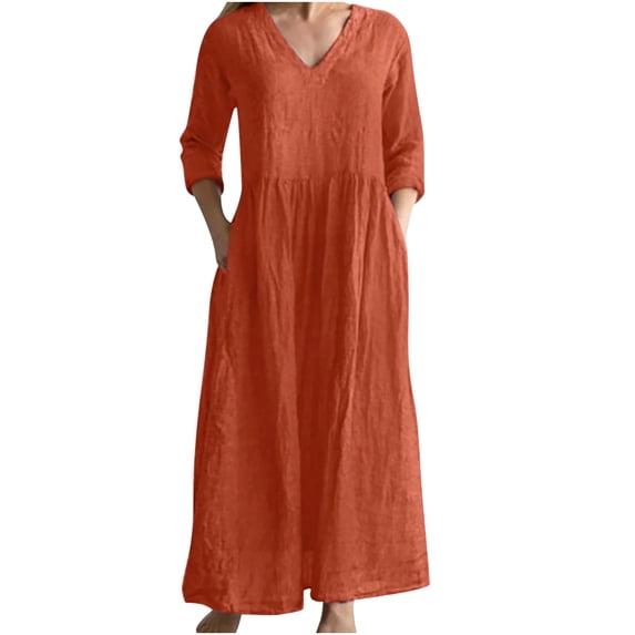 Edvintorg Maxi Dresses for Women Fashion Women's Fall V-Neck 3/4 Sleeve Cotton Linen Dress Casual Loose Plus Size Dress with Pockets