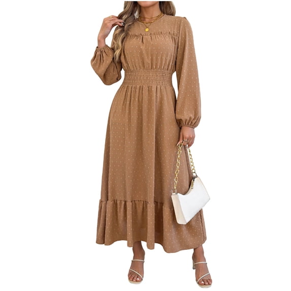 Edvintorg Maxi Dresses for Women Crew Neck Ruffles Long Sleeve Vacation Dress Fall Casual High Waisted A Line Dress