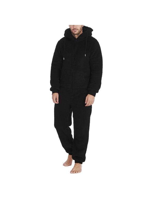 Men Long Sleeve Hooded Jumpsuit Pajamas Casual Winter Warm Rompe Sleepwear