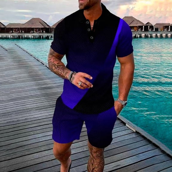 Edvintorg Men Summer Shorts Set Men's Track Suits 2 Piece Short Sets Outfits Fashion Casual Short Sleeve Shirt and Shorts Set Party Outfits for Men Dark Blue XXXXL