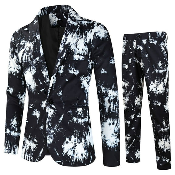 Edvintorg Men's 2 Pieces Suit Elegant Print Ed One Button Slim Fit Single Breasted Party Blazer Pants Set for Party,Wedding and Business Plus Size Fasion Suits Black M