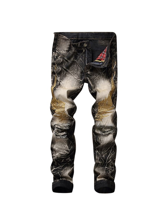 Men's Comfort Stretch Denim Jeans Casual Plus Size Men's Pants High-End Stretch Nostalgic Street Personality Embroidery Ripped Trousers Retro