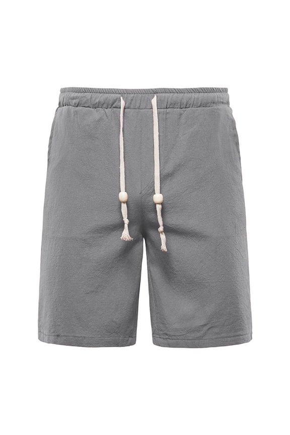 Men's Cotton And Hemp Summer Elastic Drawstring Lace-Up Solid Color Sports Pocket Shorts