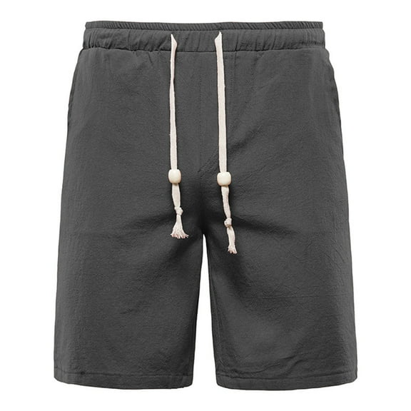 Edvintorg Men's Cotton And Hemp Summer Elastic Drawstring Lace-Up Solid Color Sports Pocket Shorts