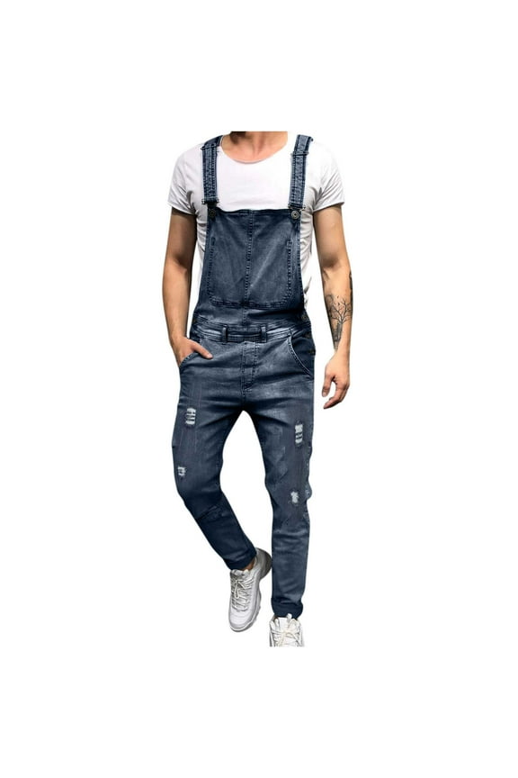 Men's Denim Bib Overalls Fashion Slim Fit Jumpsuit with Pockets Ripped Long Pants Suspender Trousers