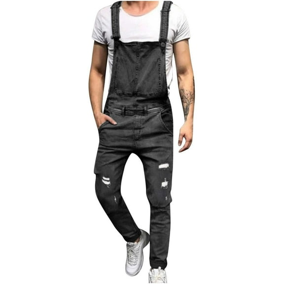 Edvintorg Men's Denim Bib Overalls Fashion Slim Fit Jumpsuit with Pockets Ripped Long Pants Suspender Trousers