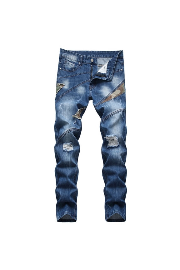 Men's Pants High-End Ripped Personality Camouflage Stitching Trendy Slim Jeans