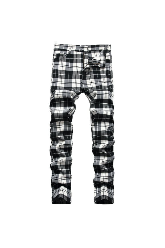 Men's Plaid Pants Stretch Skinny Flat-Front Casual Slim Fit Business Dress Chinos Pants for Men