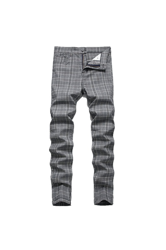 Men's Plaid Pants Stretch Skinny Flat-Front Casual Slim Fit Business Dress Chinos Pants for Men