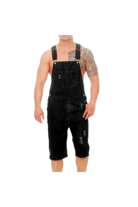 Mens Denim Shorts Bib Overall Jean Romper Casual Fashion Solid Breast Pocket Denim Ripped Shorts Straight Overalls