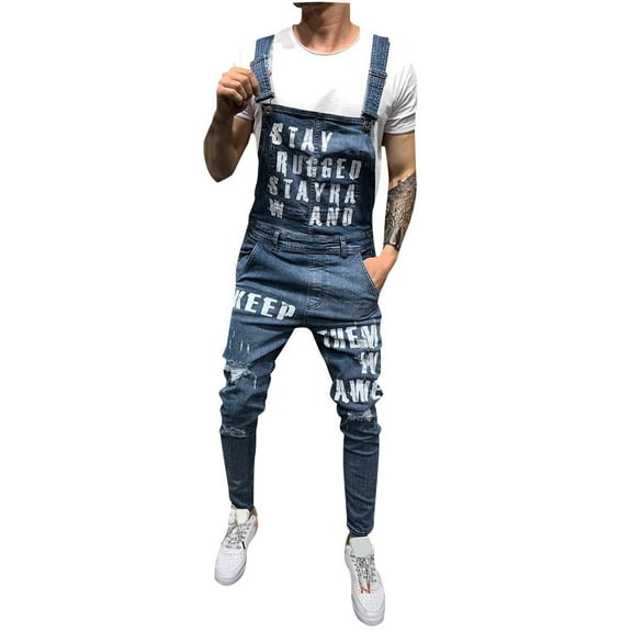 Edvintorg Mens Hole Pocket Jeans Overall Jumpsuit Streetwear Overall Suspender Pants