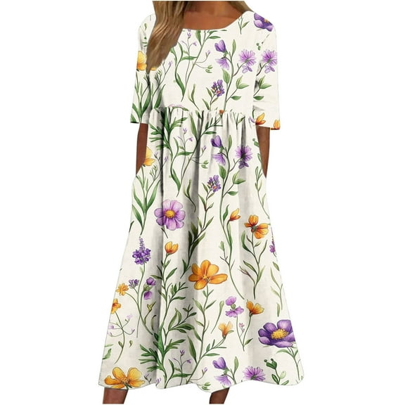 Edvintorg Midi Dresses for Women Casual Vintage Printed Round Neck Short Sleeve Floral Dress with Pocket Plus Size Womens Clothing Summer Dresses for Women 2025