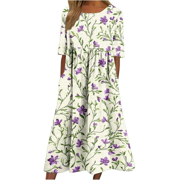 Edvintorg Midi Dresses for Women Vintage Printed Round Neck Short Sleeve Casual Floral Dress Plus Size Summer Dresses with Pocket Beach Vacation Clothes for Women