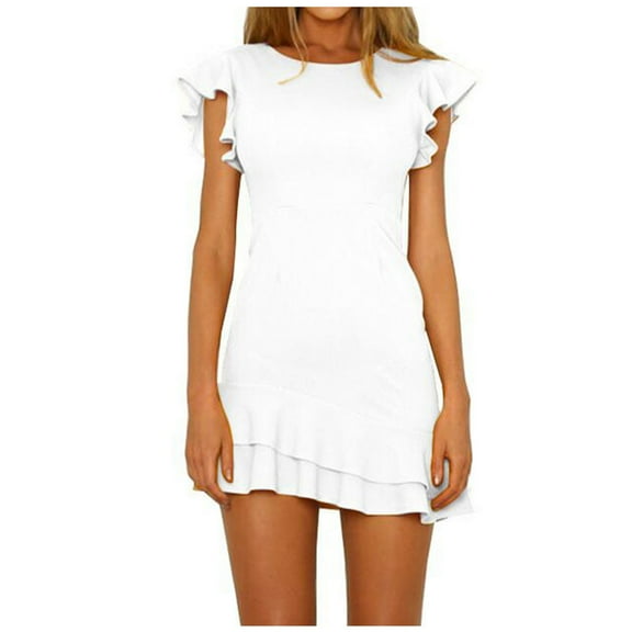 Edvintorg Mini Dresses for Women Summer Sexy Solid Casual Round Neck Short Sleeve Ruffles Dress Vacation Outfits for Women