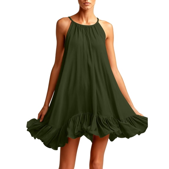Edvintorg Mini Dresses for Women Ruffle Hem Sleeveless Crew Neck Flowy Casual Dress Sundresses for Women Beach Army Green XL