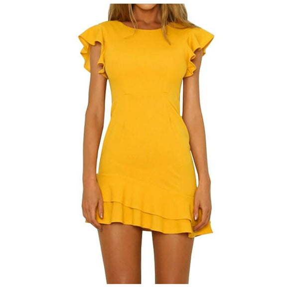 Edvintorg Mini Dresses for Women Summer Sexy Solid Casual Round Neck Short Sleeve Ruffles Dress Vacation Outfits for Women