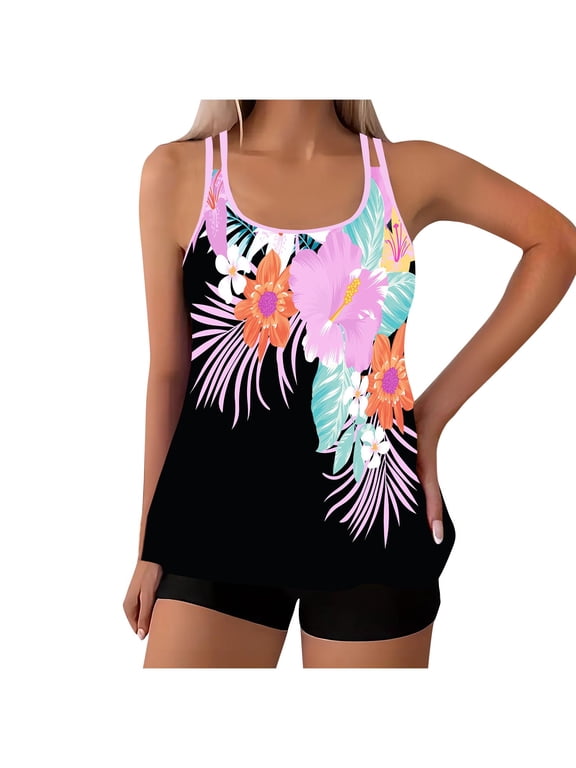 Modest Tankini Swimsuits for Women Plus Size Two Piece Bathing Suits Floral Print Adjustable Spaghetti Straps Tank Top with Boyshorts Summer Swimwear