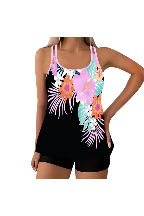 Modest Tankini Swimsuits for Women Plus Size Two Piece Bathing Suits Floral Print Adjustable Spaghetti Straps Tank Top with Boyshorts Summer Swimwear