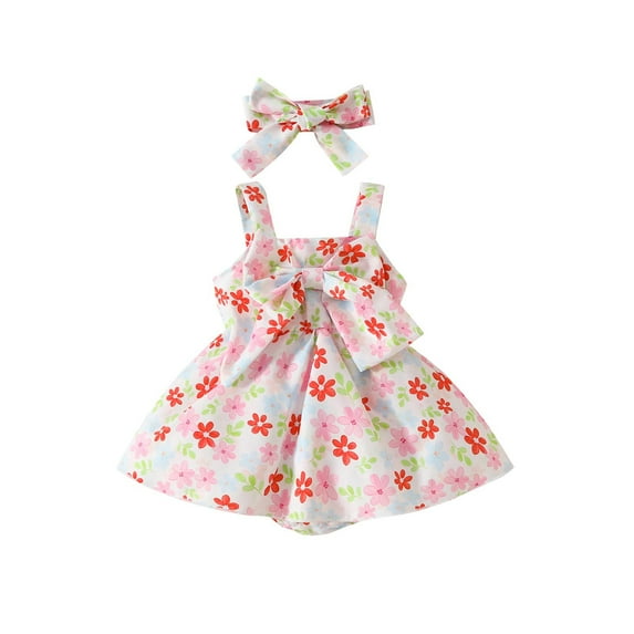 Edvintorg Newborn Clothes for Girls Summer Baby Girl Sleeveless Flower Print Bow Dress Jumpsuit and Headband 2 Piece Outfits 0-18 Months Infant Girls Clothing Set