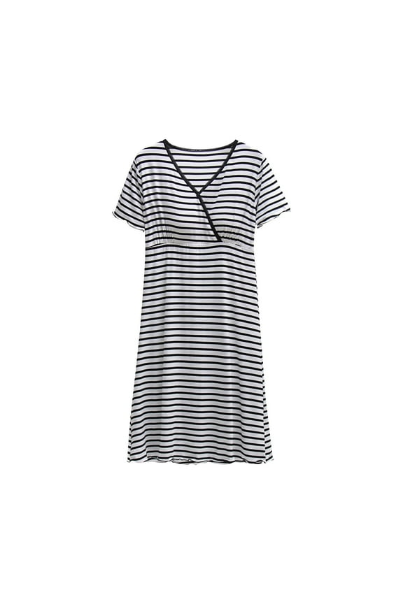 Nursing Dress Women Maternity Clothes Fashion Stripe Printing V-Neck Short Sleeve Button Breastfeeding Dress Loungewear Maternity Pajamas for Hospital Postpartum Pajamas