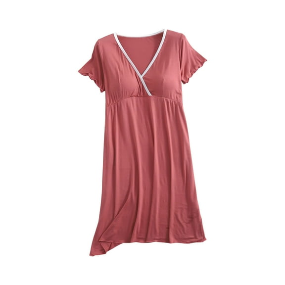 Edvintorg Nursing Dresses Breastfeeding Fashion Solid Color Maternity Pajamas Women's V-Neck Short Sleeve Home Clothing Hospital Gown Pregnancy Dress for Women Summer