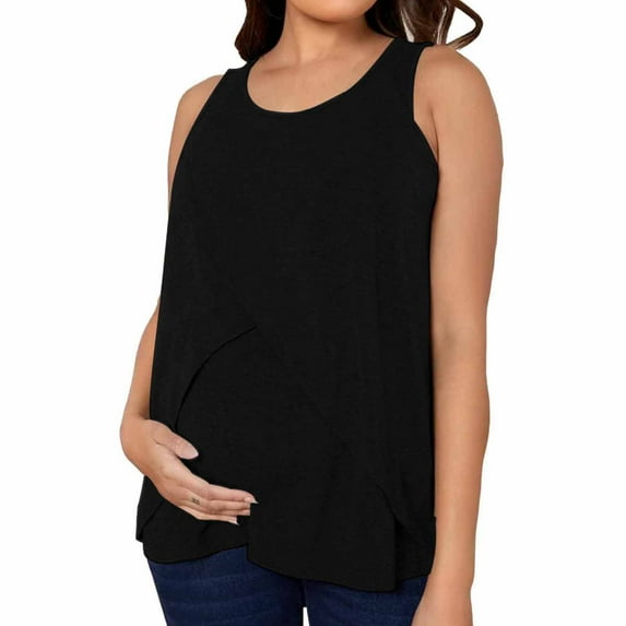 Edvintorg Nursing Top Maternity Shirt For Womens Clearance Solid Color Round Neck Sleeveless Double Layer Soft Basic Top Breastfeeding T-Shirt Pregnancy Clothes