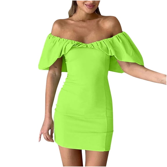 Edvintorg Off Shoulder Dress Fashion Women Sexy Bodycon Dresses Short Sleeve Strapless Backless Tube Top Evening Mini Dress Green S
