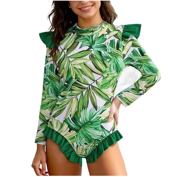 Edvintorg One Piece Swimsuit for Girls Tropical Long Sleeve Siwm Suit Summer Swimwear Girls Bathing Suit Tummy Control Size 2-12