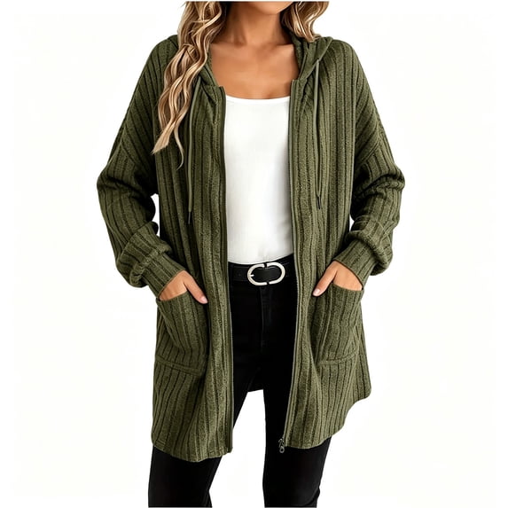 Edvintorg Open Front Cardigan for Women Plus Size Hooded Long Cardigans Drawstring Long Sleeve Zip Up Cardigan with Pocket Women Clothing Green S-3XL