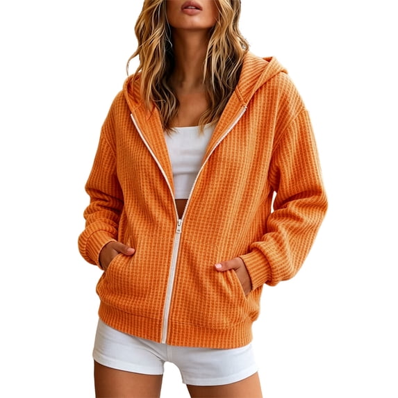 Edvintorg Outerwear for Women Solid Color Long Sleeve Zip up Casual Jacket Hooded Coat with Pocket Woman Clothes Orange S-2XL