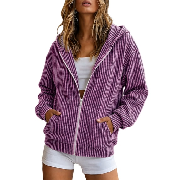 Edvintorg Outerwear for Women Solid Color Long Sleeve Zip up Casual Jacket Hooded Coat with Pocket Woman Clothes Purple S-2XL