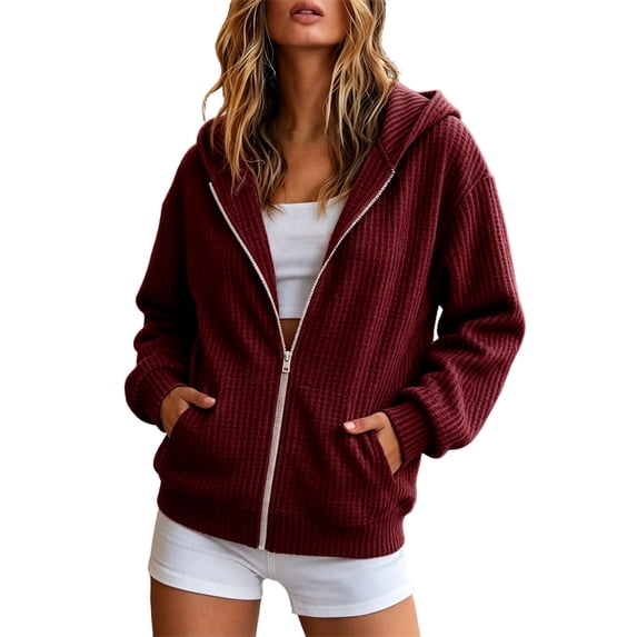 Edvintorg Outerwear for Women Solid Color Long Sleeve Zip up Casual Jacket Hooded Coat with Pocket Woman Clothes Wine S-2XL